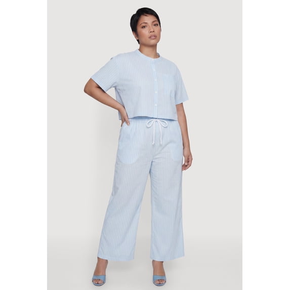 Women's Plus Size Striped Poplin Drawstring Waist Pants