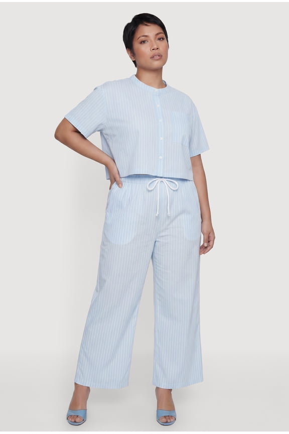 Women's Plus Size Striped Poplin Drawstring Waist Pants