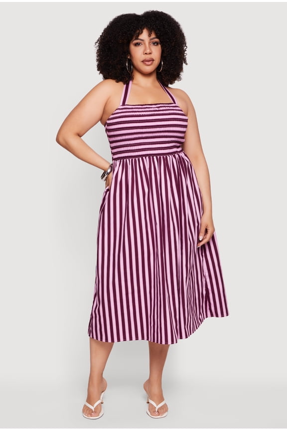Women's Plus Size Striped Poplin Halter Midi Dress