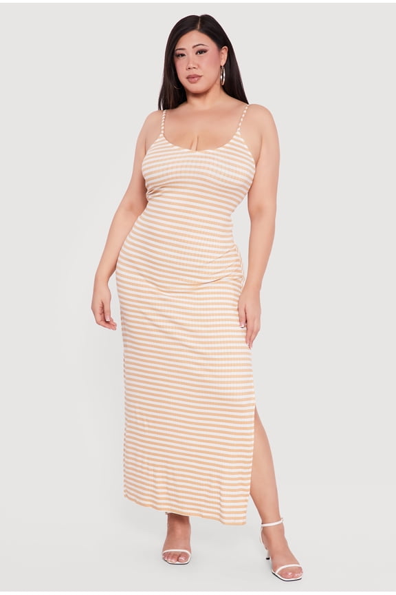 Women's Plus Size Striped Rib Knit Side Slit Cami Maxi Dress
