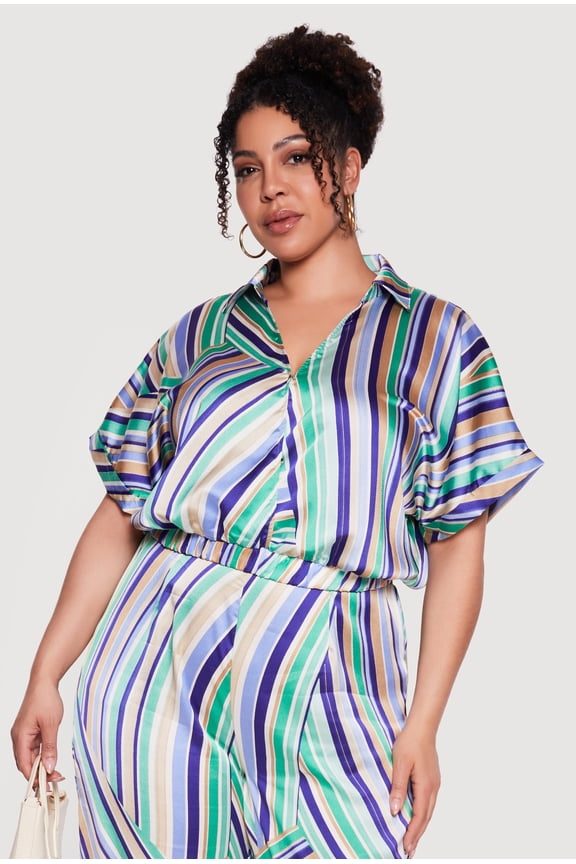 Women's Plus Size Striped Satin Cropped Faux Wrap Blouse