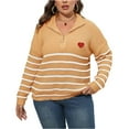 thumbnail image 1 of Women's Plus Size Striped Stitched Knitted Sweater - Ginger Yellow Half-Turtleneck, Zipper Detail & Heart Design, Extra Oversized 3XL, Soft Knit, Size XXXL, 1 of 5