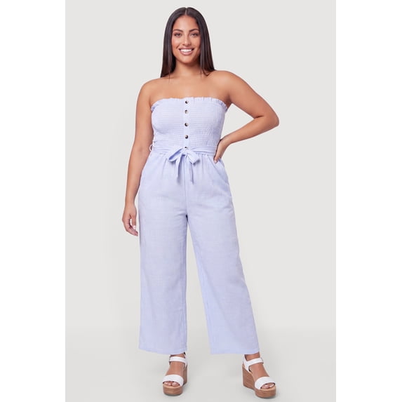 Women's Plus Size Striped Strapless Jumpsuit with Tie Waist Belt