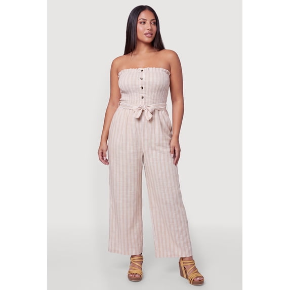 Women's Plus Size Striped Strapless Jumpsuit with Tie Waist Belt