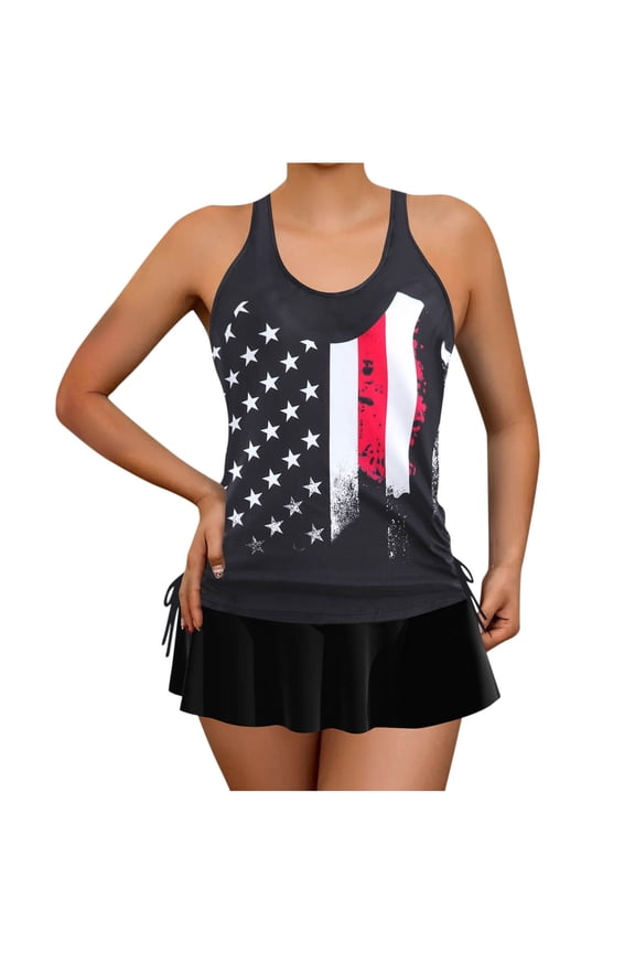 Women's Plus Size Striped U Neck Tankini Set,Strap Padded Bra Bikini Top with Swim Skirt, Tummy Control Bathing Suit Modest Rash Guard Two Piece Swimsuit