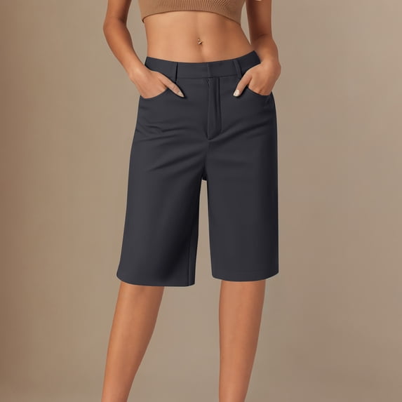 Women's Plus Size Suit Shorts Solid Color High Waist Zipper Knee Length Long Bermuda Shorts with Pockets