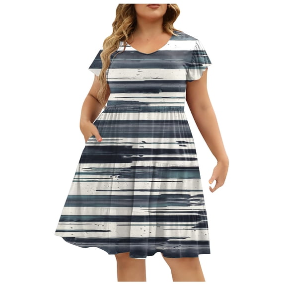 Women's Plus Size Summer Beach Dress - Loose V-Neck Ruffle Short Sleeve A-Line Maxi Dress - Gray 6XL