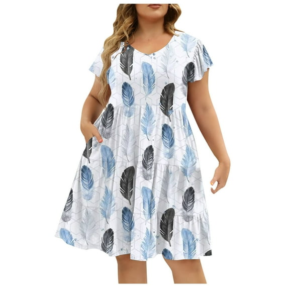 Women's Plus Size Summer Beach Dress - Loose V-Neck Ruffle Short Sleeve A-Line Maxi Dress - Light Blue XXXL