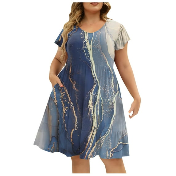 Women's Plus Size Summer Beach Dress - Loose V-Neck Ruffle Short Sleeve A-Line Maxi Dress - Navy Blue 6XL