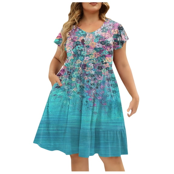 Women's Plus Size Summer Beach Dress - Loose V-Neck Ruffle Short Sleeve A-Line Maxi Dress - Sky Blue 6XL