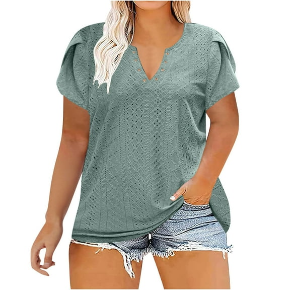 Women's Plus Size Summer Casual Hollow V-Neck T-Shirt, Leaf Sleeve Fashion Loose Blouse, Lightweight and Breathable, Perfect for Warm Weather, Relaxed Fit for Comfort, Ideal for Casual Outings