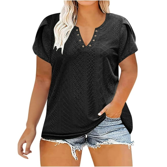Women's Plus Size Summer Casual Hollow V-Neck T-Shirt, Leaf Sleeve Fashion Loose Blouse, Lightweight and Breathable, Perfect for Warm Weather, Relaxed Fit for Comfort, Ideal for Casual Outings