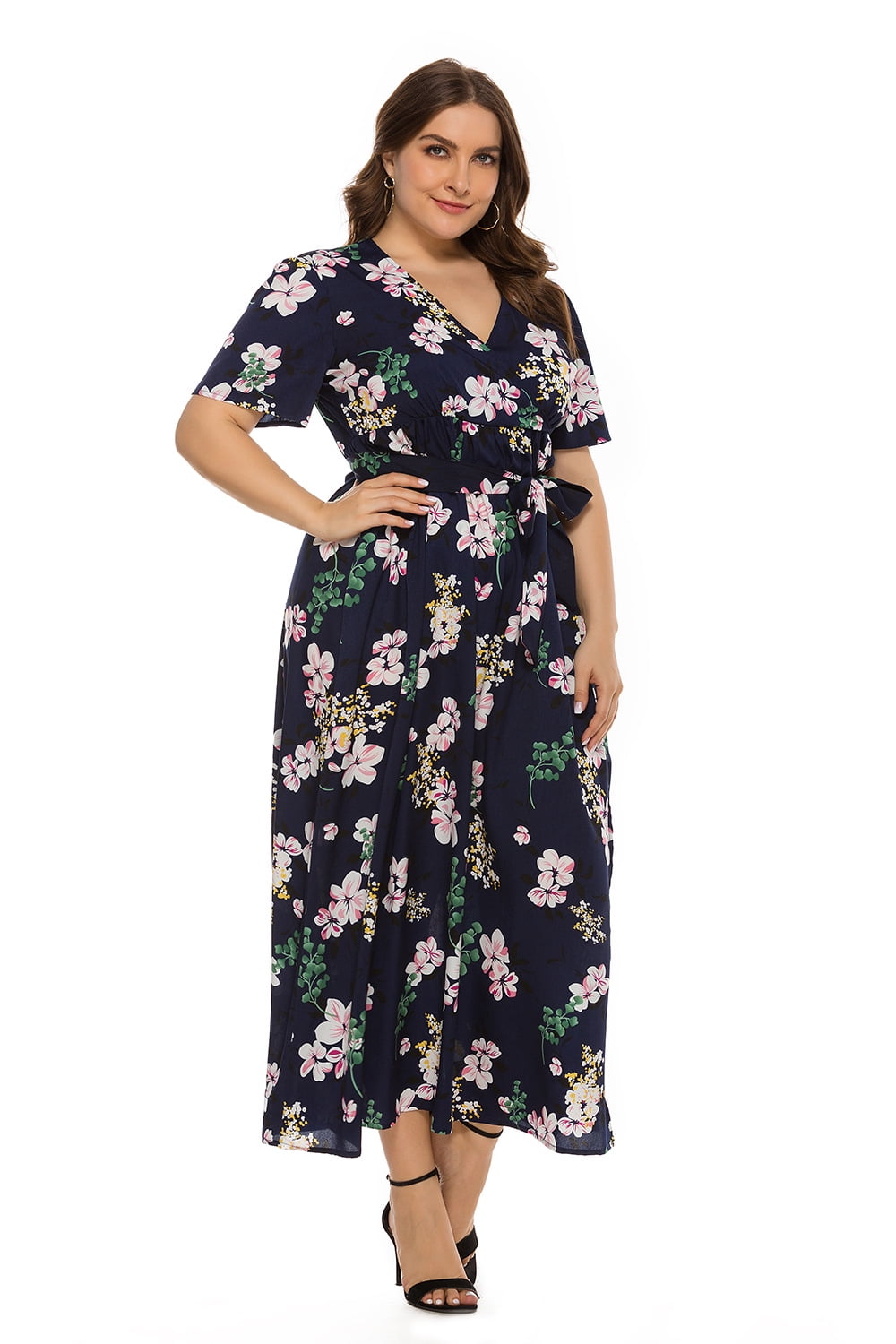 Women's Plus Size Summer Casual Loose Short Sleeve VNeck Floral Belted — free download