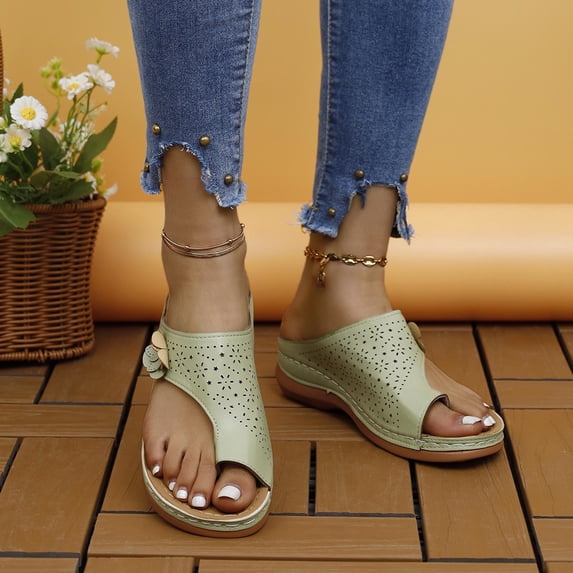 Women's Plus Size Summer Casual Solid Color Flip-flops Beach Wedge Toe Fish Mouth Sandals Summer Sandals Green 42