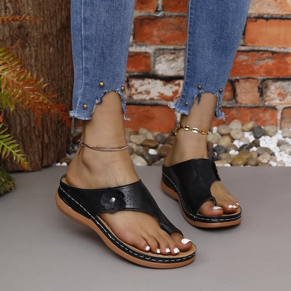 Women's Plus Size Summer Casual Solid Color Flip-flops Beach Wedge Toe Fish Mouth Sandals Summer Sandals for Women Black 35