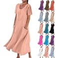 thumbnail image 1 of Women's Plus Size Summer Causal Dresses Short Sleeve Cotton Linen Dress Scoop Neck Ruffle Flowy Beach Baggy Maxi Sun Dresses Sundress Pocket, 1 of 5