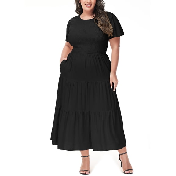 Women's Plus Size Summer Crew Neck Flutter Short Sleeve Stretchy Waist Flowy Smocked Tiered A Line Flattering Dress, Black, 3X-Large