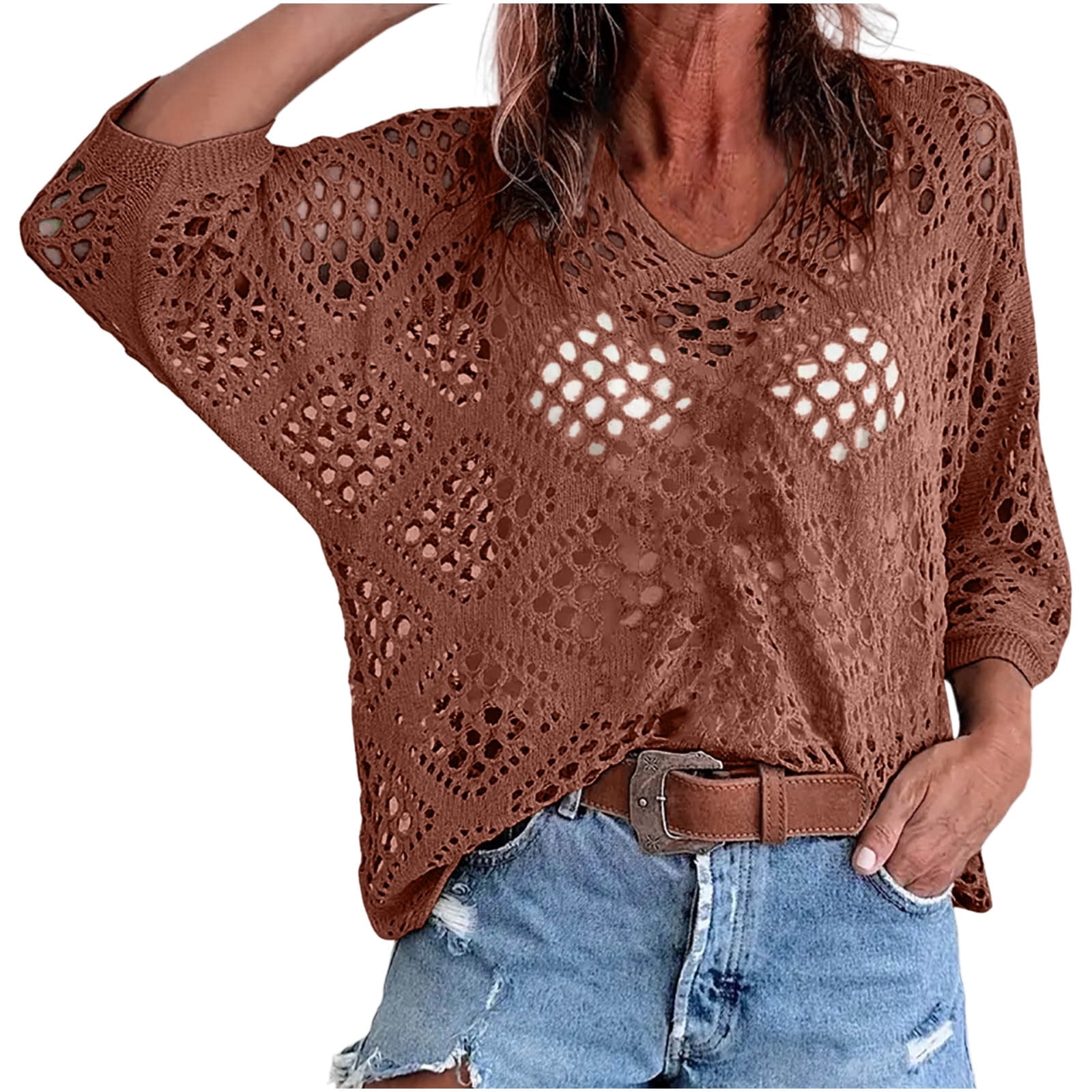 Women's Plus Size Summer Crochet Hollow Out 3/4 Dolman Sleeve