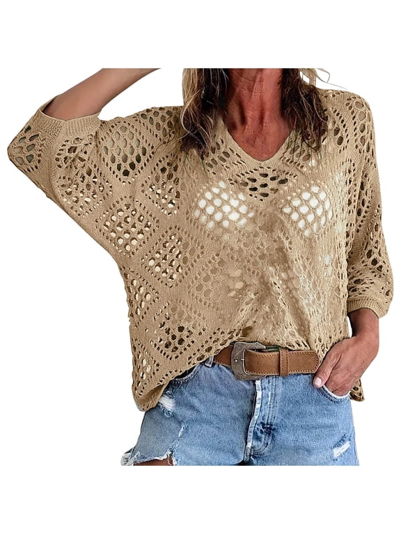 Women's Plus Size Summer Crochet Hollow Out 3/4 Dolman Sleeve Pullover Sweater Boho Beach Vocation Cover Up