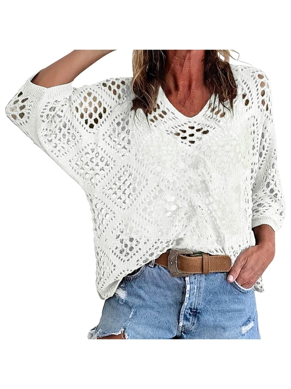 Women's Plus Size Summer Crochet Hollow Out 3/4 Dolman Sleeve Pullover Sweater Boho Beach Vocation Cover Up