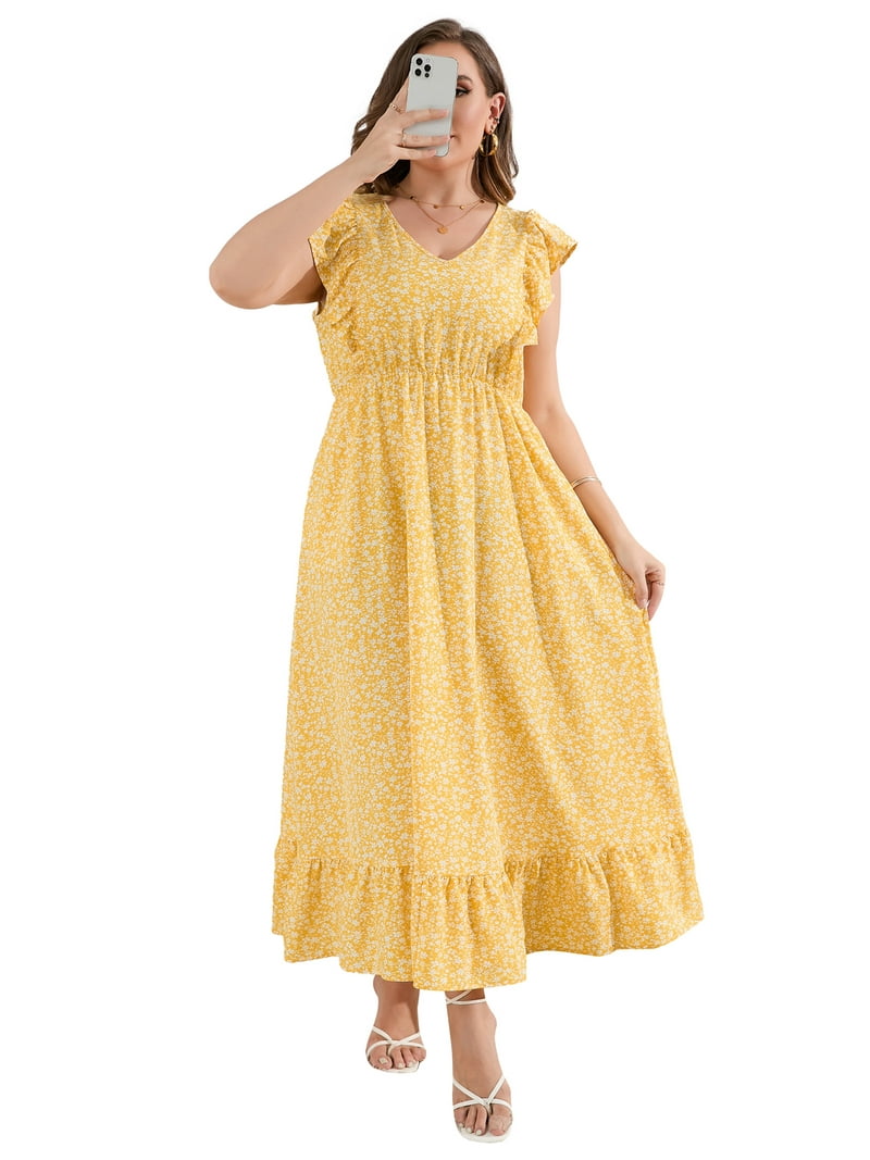 Women's Plus Size Summer Dress with Pocket Ruffle Cap Sleeveless V