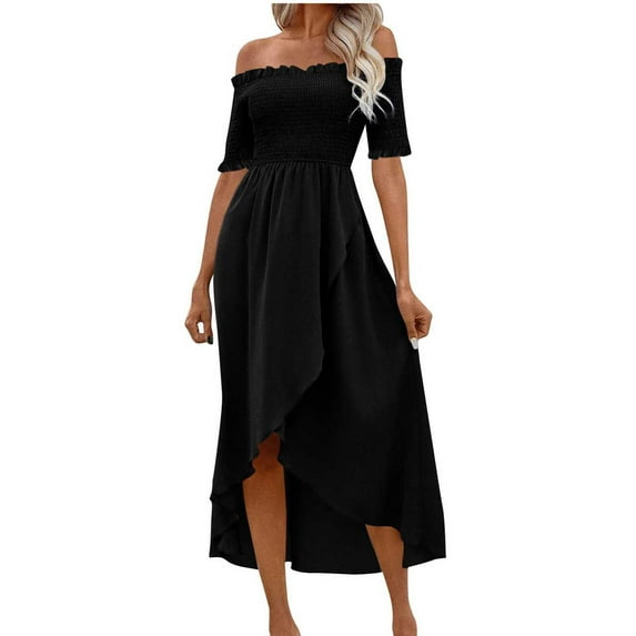 Women's Plus Size Summer Dresses Casual Fold Solid Color Irregular Short Sleeve Off-The-Shoulder Wedding Guest Dress