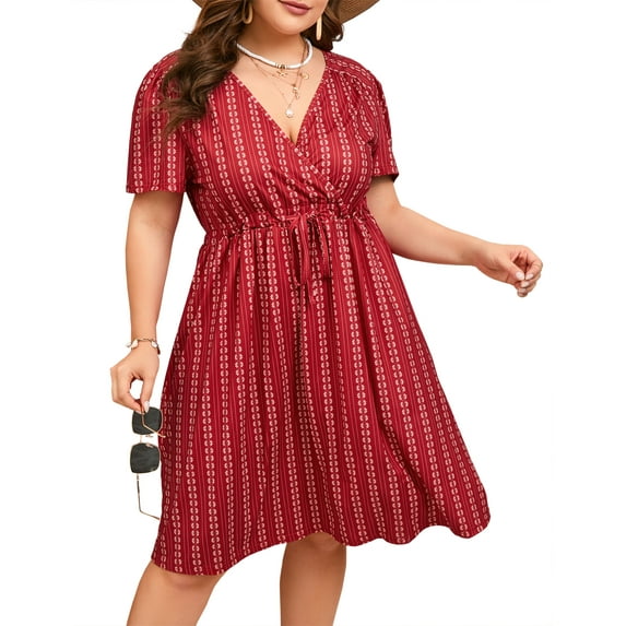 Women's Plus Size Summer Dresses Floral for Women V Neck High Waist Dress A Line Midi Short Sleeve Dress