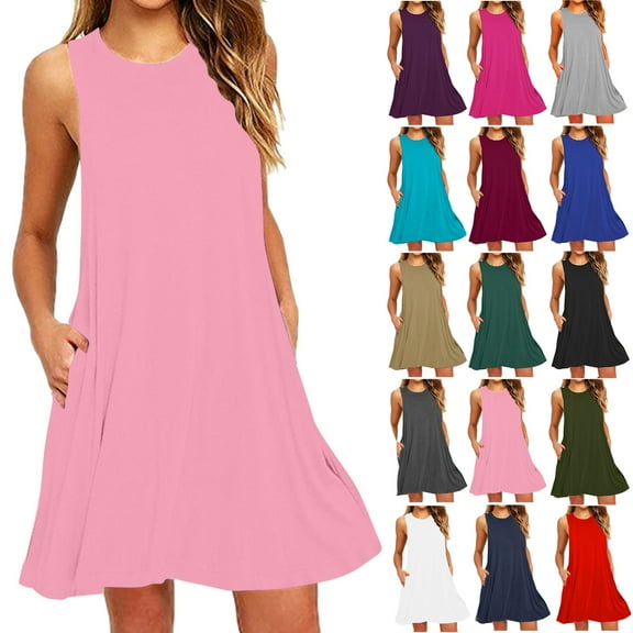 Women's Plus Size Summer Dresses for Women Beach Party Sundress Sleeveless Casual Loose Pockets Tank Dress Party Beach Dress