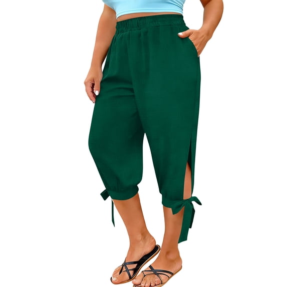 Women's Plus Size Summer Linen Capris, Laceup Hem Loose Straight Leg Business Casual Trousers with Pockets