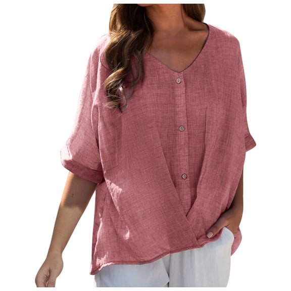 Women's Plus Size Summer Linen V Neck Blouse Oversized Loose Fit Casual Short Sleeve Button Up Top Comfortable Breathable Stylish