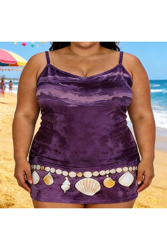 Women's Plus Size Summer Mini Slip Dress Spaghetti Strap Sea Wave Graphic Print Shell Pattern Detail Flattering Bodycon Silhouette Lightweight Stretchy Beach Cover Up