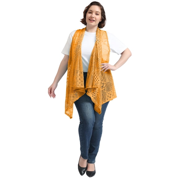 Women's Plus Size Summer Open Front Hippie Crochet Bikini Cover Up Sleeveless Draped Shawl Cardigan Vest, Yellow, Large/X-Large