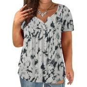 SCKARLE Women's Plus Size Summer Pleated Blouses Henley V Neck Button Up Tunic Tops Ruffle Flowy Short Sleeve T Shirts