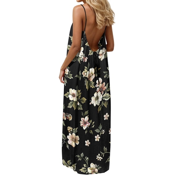 Women's Plus Size Summer Printed Dress with Round Neck and Sleeveless Backless Casual Beach Wear
