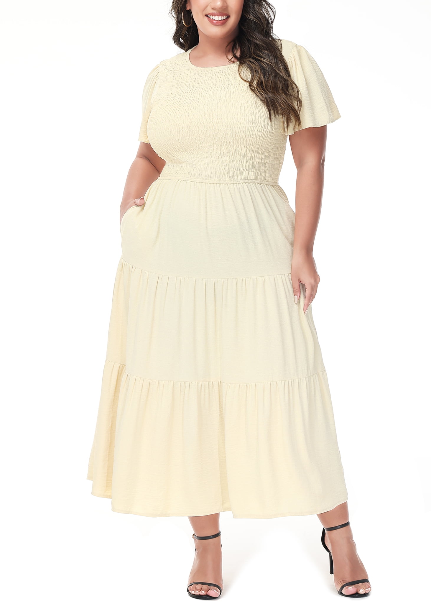 Women's Plus Size Summer Round Neck Ruffle Short Sleeve Elastic