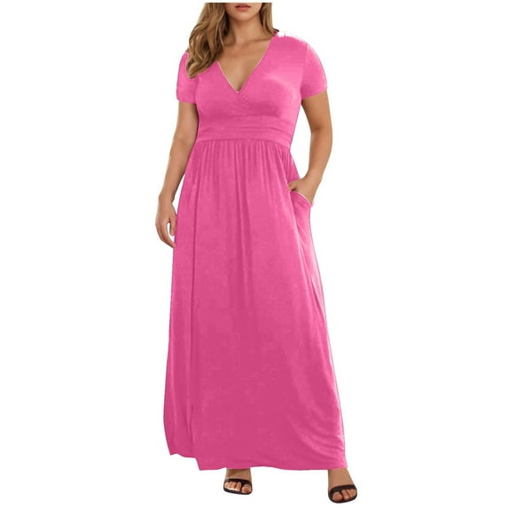 Women's Plus Size Summer Short Sleeve Maxi Dress 2025 Casual Wrap V Neck A Line Flowy Beach Long Dresses with Pockets