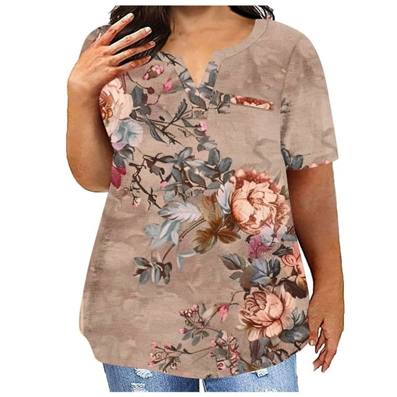 Women's Plus Size Summer Short Sleeve Tops Trendy Floral Print V Neck Shirts Dressy Casual Loose Fit Blouse