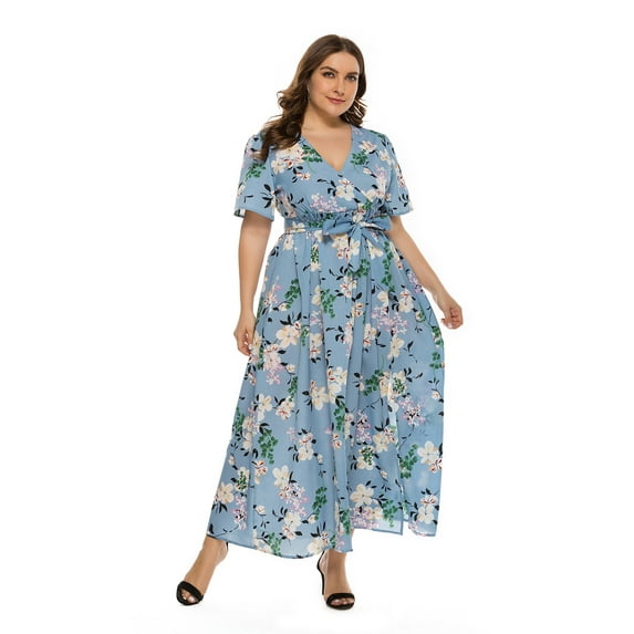 Women's Plus Size Summer Short Sleeve V-Neck Floral Belted Dress For Party Casual on Clearance Lightling Blue Meidum