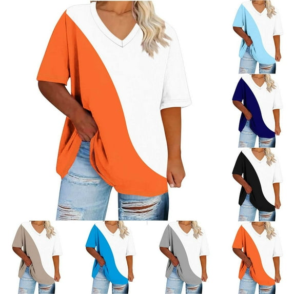 Women's Plus Size Summer Tops Color Block Short Sleeve Tops for Work Casual V Neck Blouse Tunic