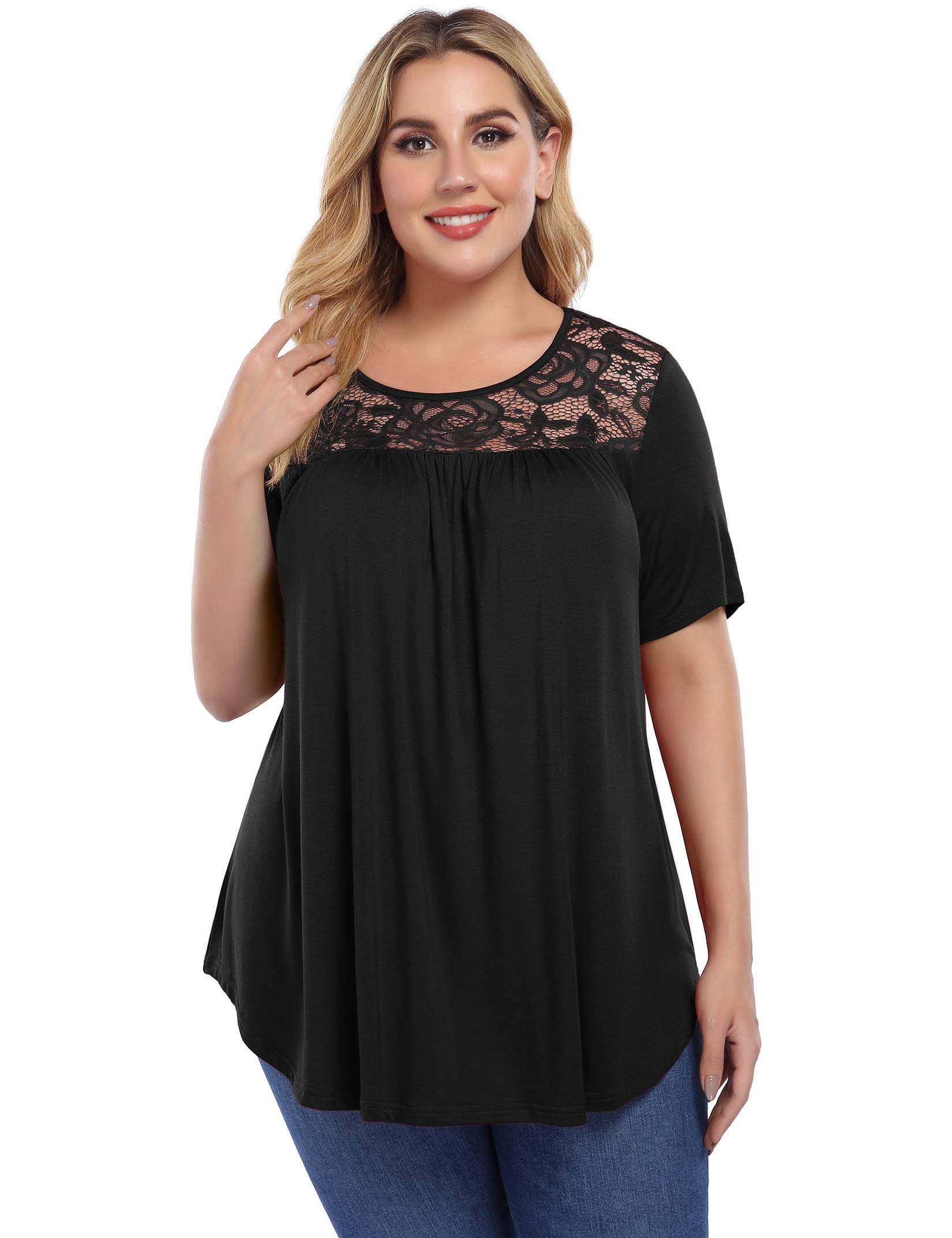 Women's Plus Size Summer Tops Short Sleeve Lace Pleated T-Shirts ...