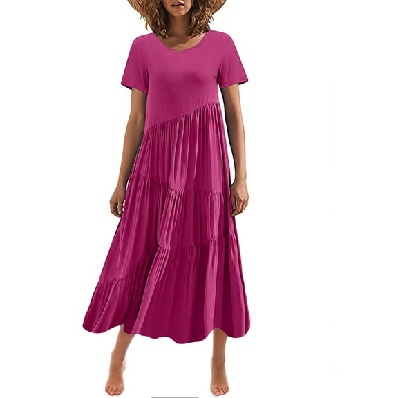Women's Plus Size Sun Dresses Solid Color Asymmetrical Layered Beach Maxi Dress Casual Loose Cotton Midi Short Sleeve Dress Overstock Outlet