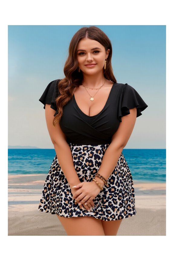 Women's Plus Size Surplice V Neck Swimdress – Flutter Sleeve Leopard Print Color Block