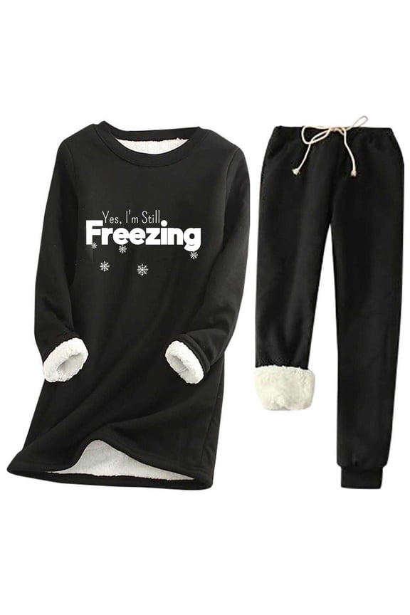 Women's Plus Size Sweat Suit Set Thickened Insulation Round Neck Top and Pocket Pants