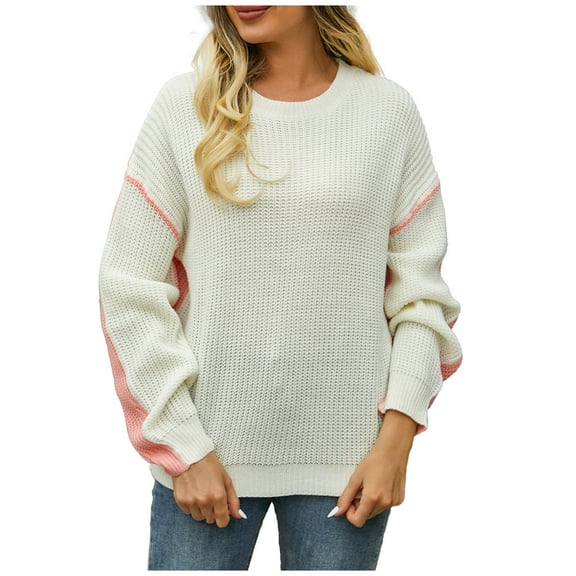 Women's Plus Size Sweater Color Block Knit Pullover Long Sleeve Jumper Ladies Fall Crewneck Loose Sweatshirt (XL, White)