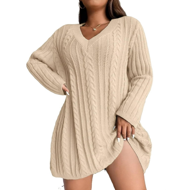 Women s Plus Size Sweater Dresses Casual Plain V neck Beige 3XL Walmart
