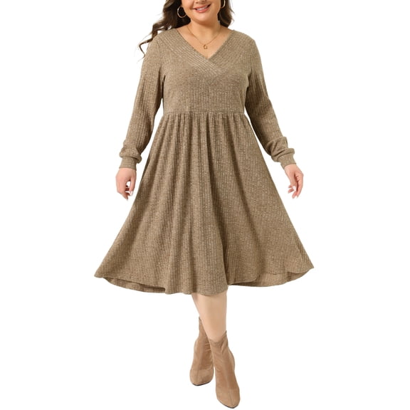 Women's Plus Size Sweater Dresses V Neck Long Sleeve Ribbed Knit Elegant A Line Dress with Pockets 3X Brown