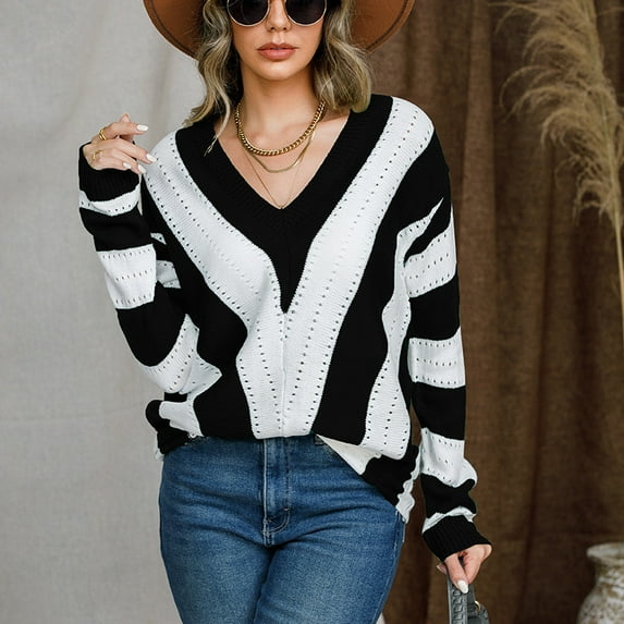 Women's Plus Size Sweater Plaid Knit Pullover Long Sleeve Loose Patchwork Jumper Fall Ladies V Neck Tops (S, Black)