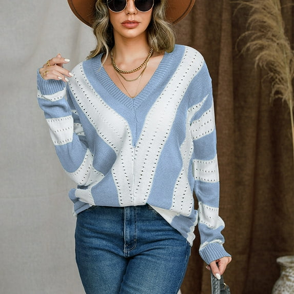 Women's Plus Size Sweater Plaid Knit Pullover Long Sleeve Loose Patchwork Jumper Fall Ladies V Neck Tops (XL, Light Blue)