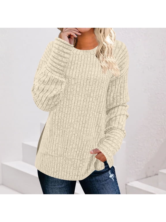 Women's Plus Size Sweater Tops Long Sleeve Soft Comfy Crewneck Shirts Casual Loose Fitting Pullover Tunic Tops Beige M