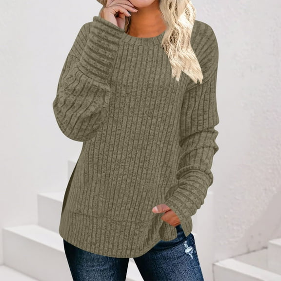 Women's Plus Size Sweater Tops Long Sleeve Soft Comfy Crewneck Shirts Casual Loose Fitting Pullover Tunic Tops Khaki M